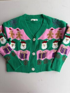 Margaux Green & Pink Kids Holiday Cardigan with Santa and Gingerbread